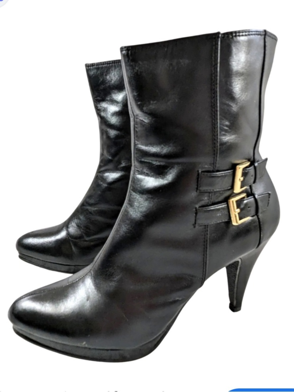 Kelly & Katie Black Leather Mid-Calf Heeled Boots with Gold Buckles